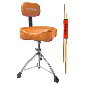 5 Core Drum Throne with Backrest Brown Thick Padded Saddle Drum Seat Comfortable Motorcycle Style Drum Chair Stool Height Adjustable Double Braced Tri